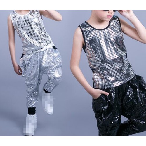 Boys hip hop street dance jazz singers performance outfits for kids children modern dance paillette vests and harem pants